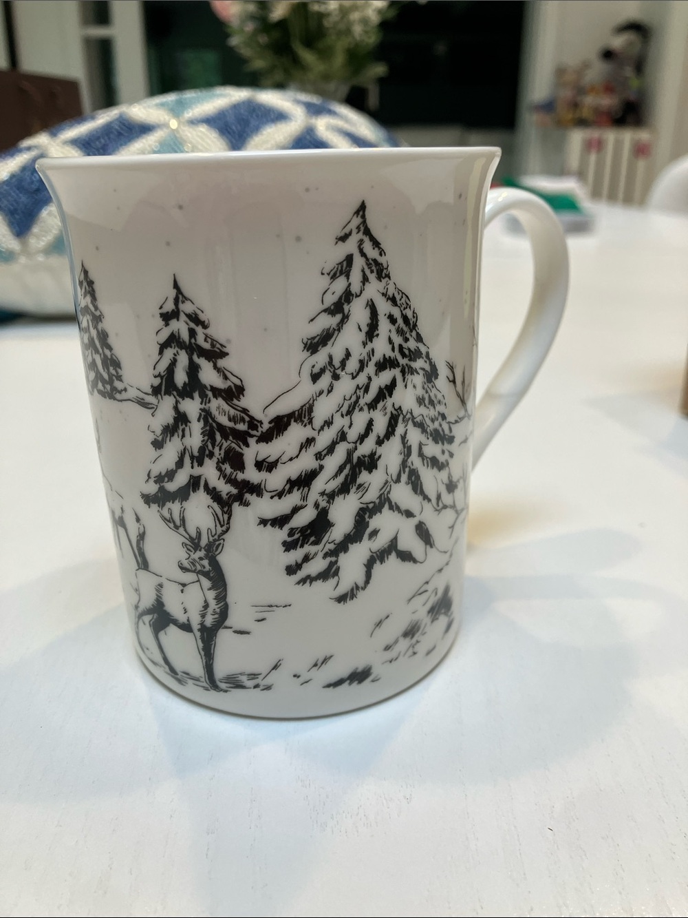 White Ceramic Mug with Black Winter Forest & Deer Illustration